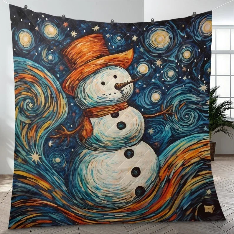 Personalized Vintage Snowman in the Starry Night Christmas 3-Piece Quilt Bedding Set With Pillowcases