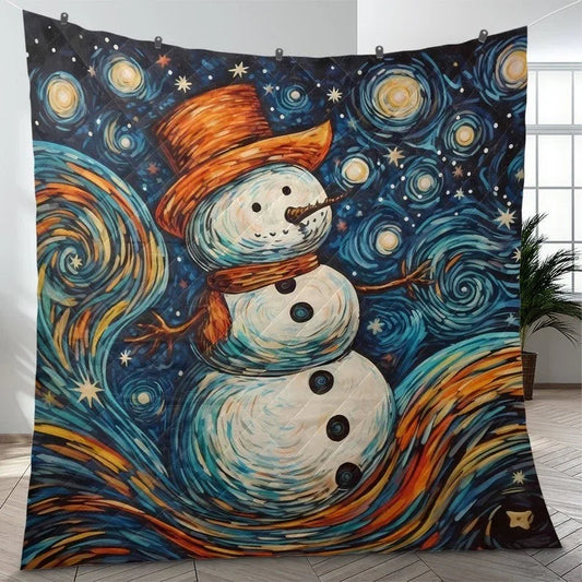 Personalized Vintage Snowman in the Starry Night Christmas 3-Piece Quilt Bedding Set With Pillowcases