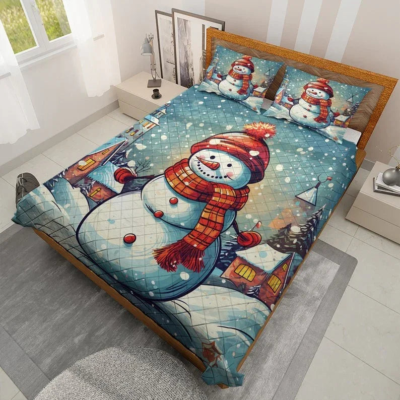 Personalized Vintage Cute Snowman Christmas 3-Piece Quilt Bedding Set With Pillowcases
