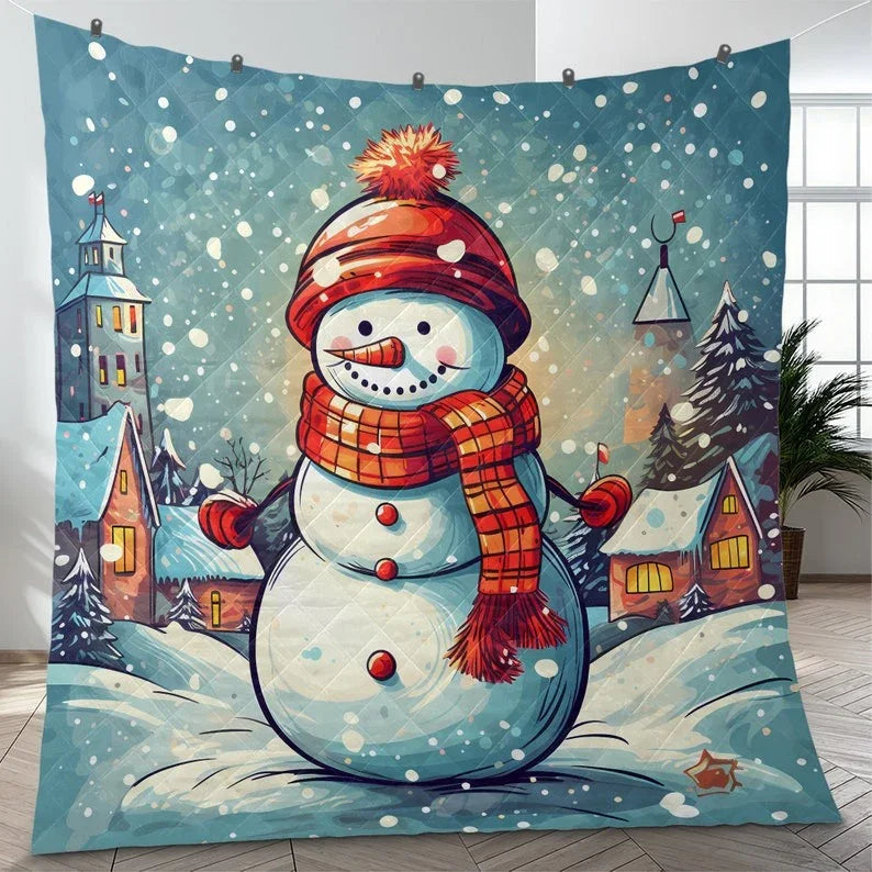Personalized Vintage Cute Snowman Christmas 3-Piece Quilt Bedding Set With Pillowcases