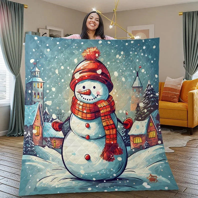 Personalized Vintage Cute Snowman Christmas 3-Piece Quilt Bedding Set With Pillowcases