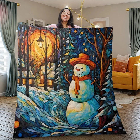 Personalized Vintage Snowman in Colorful Christmas Starry Night 3-Piece Quilt Bedding Set With Pillowcases