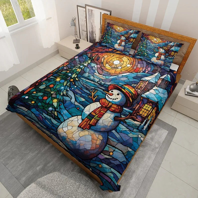 Personalized Vintage Snowman Christmas Tree in Starry Night 3-Piece Quilt Bedding Set With Pillowcases