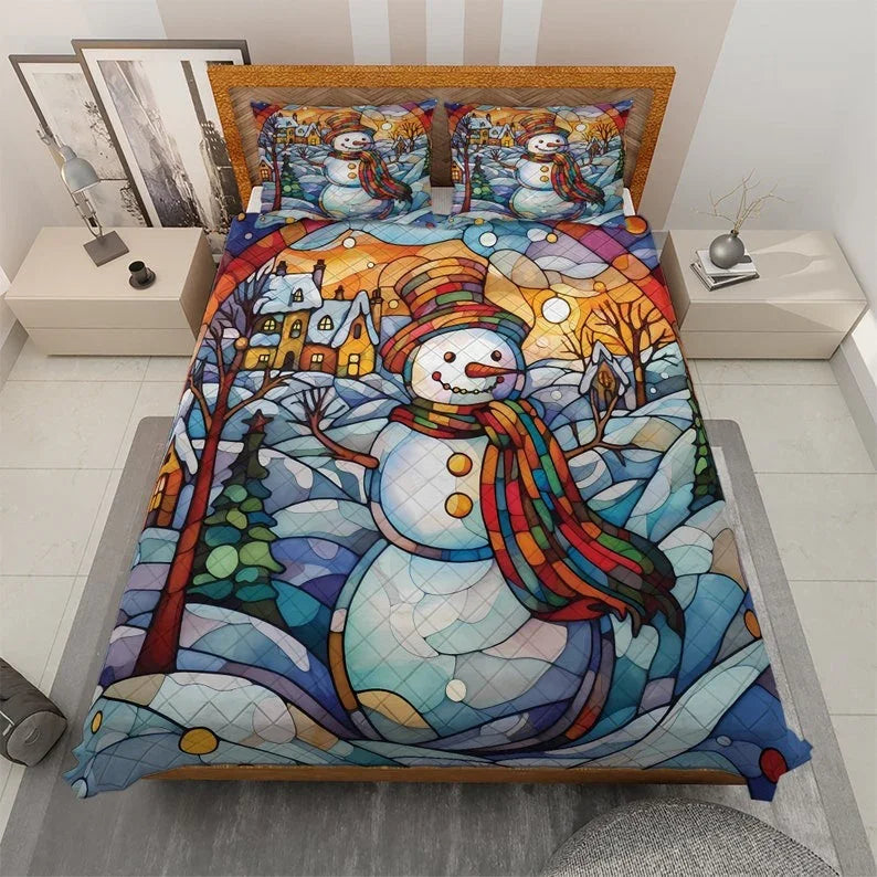 Personalized Vintage Snowman in Starry Night Christmas 3-Piece Quilt Bedding Set With Pillowcases