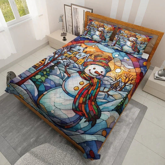 Personalized Vintage Snowman in Starry Night Christmas 3-Piece Quilt Bedding Set With Pillowcases