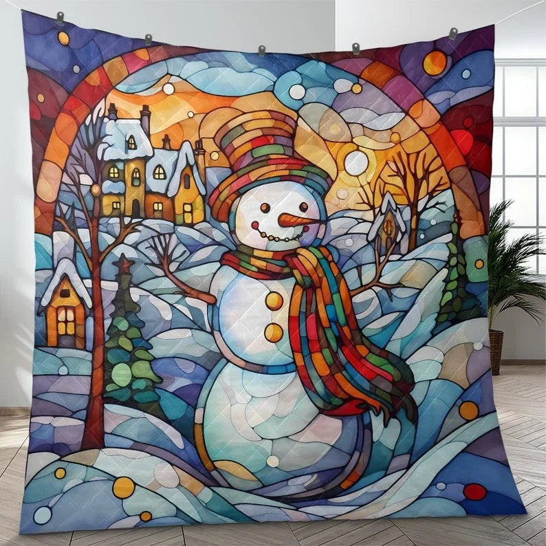 Personalized Vintage Snowman in Starry Night Christmas 3-Piece Quilt Bedding Set With Pillowcases