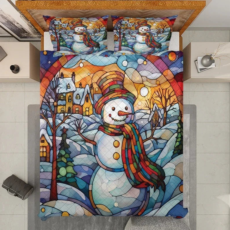 Personalized Vintage Snowman in Starry Night Christmas 3-Piece Quilt Bedding Set With Pillowcases