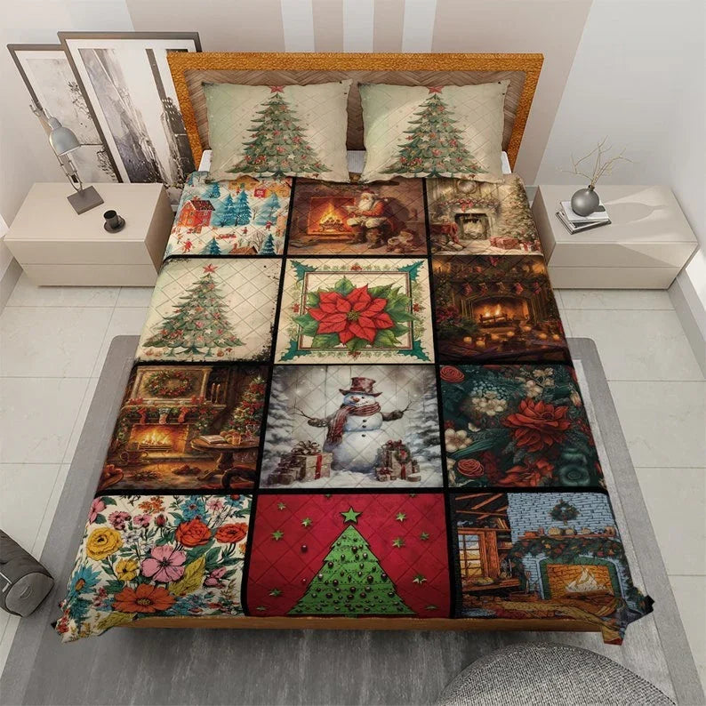 Personalized Vintage Snowman Flowers Christmas 3-Piece Quilt Bedding Set With Pillowcases