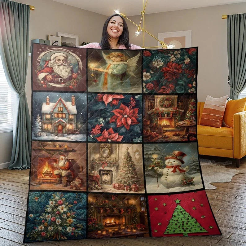 Personalized Vintage Snowman Flowers Christmas Tree Collage 3-Piece Quilt Bedding Set With Pillowcases