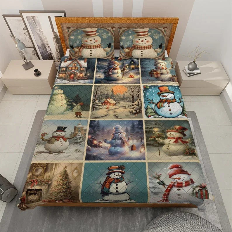 Personalized Vintage Snowman Patchwork Christmas 3-Piece Quilt Bedding Set With Pillowcases
