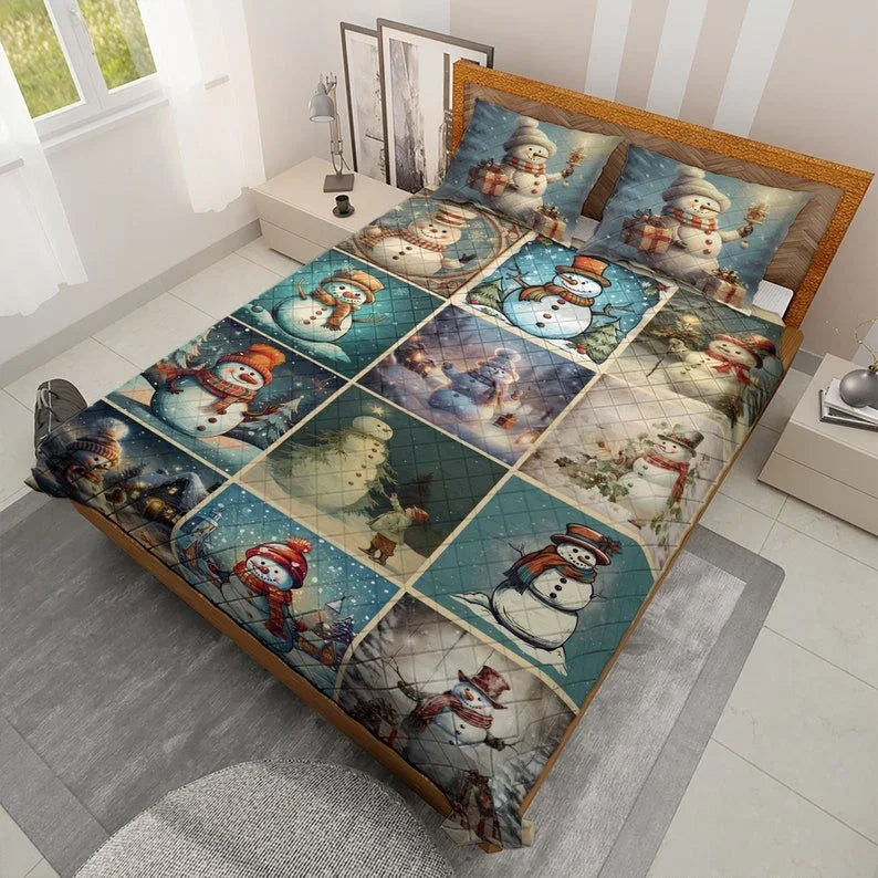 Personalized Vintage Cute Snowman Collection Christmas 3-Piece Quilt Bedding Set With Pillowcases