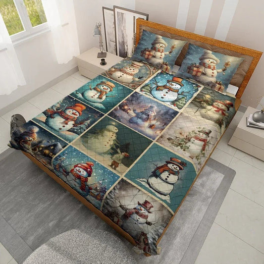 Personalized Vintage Cute Snowman Collection Christmas 3-Piece Quilt Bedding Set With Pillowcases