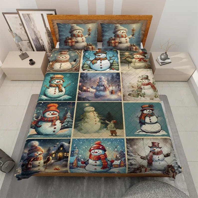 Personalized Vintage Cute Snowman Collection Christmas 3-Piece Quilt Bedding Set With Pillowcases