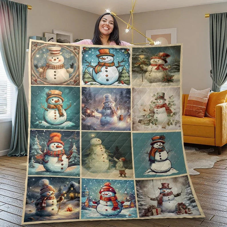 Personalized Vintage Cute Snowman Collection Christmas 3-Piece Quilt Bedding Set With Pillowcases