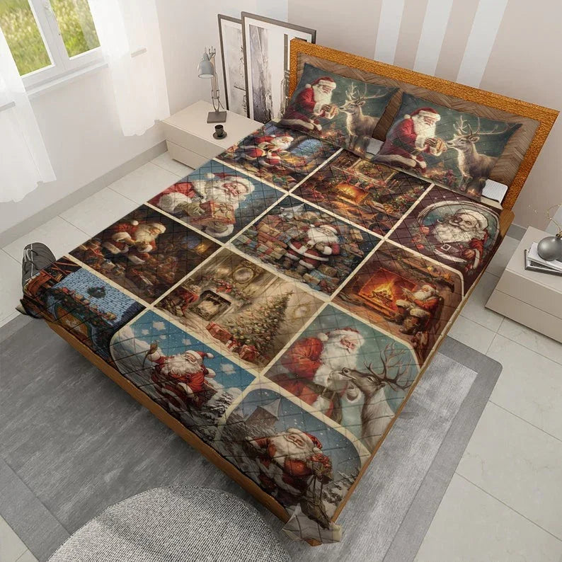 Personalized Vintage Santa Claus Patchwork Christmas 3-Piece Quilt Bedding Set With Pillowcases