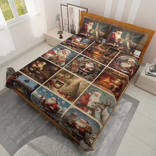 Personalized Vintage Santa Claus Patchwork Christmas 3-Piece Quilt Bedding Set With Pillowcases