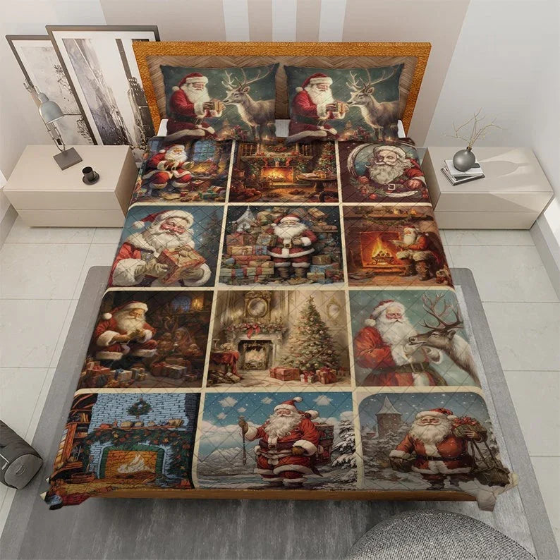 Personalized Vintage Santa Claus Patchwork Christmas 3-Piece Quilt Bedding Set With Pillowcases