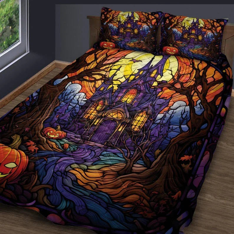 Personalized Retro Haunted House in Starry Night Halloween 3-Piece Quilt Bedding Set With Pillowcases