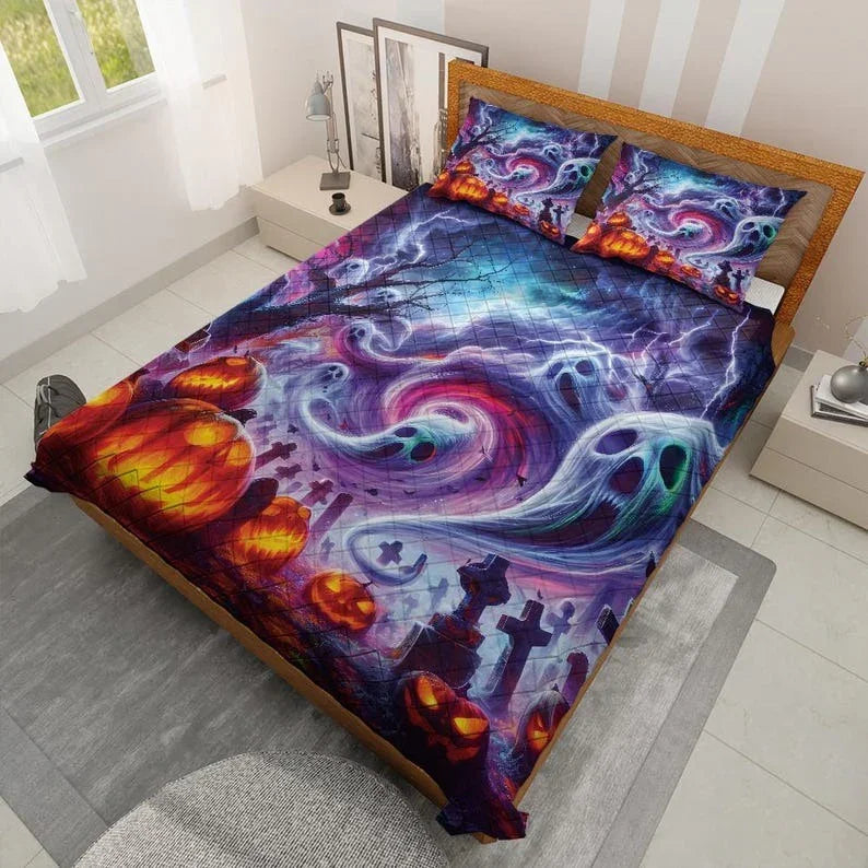 Personalized Pumpkin Ghost in Starry Night Halloween 3-Piece Quilt Bedding Set With Pillowcases
