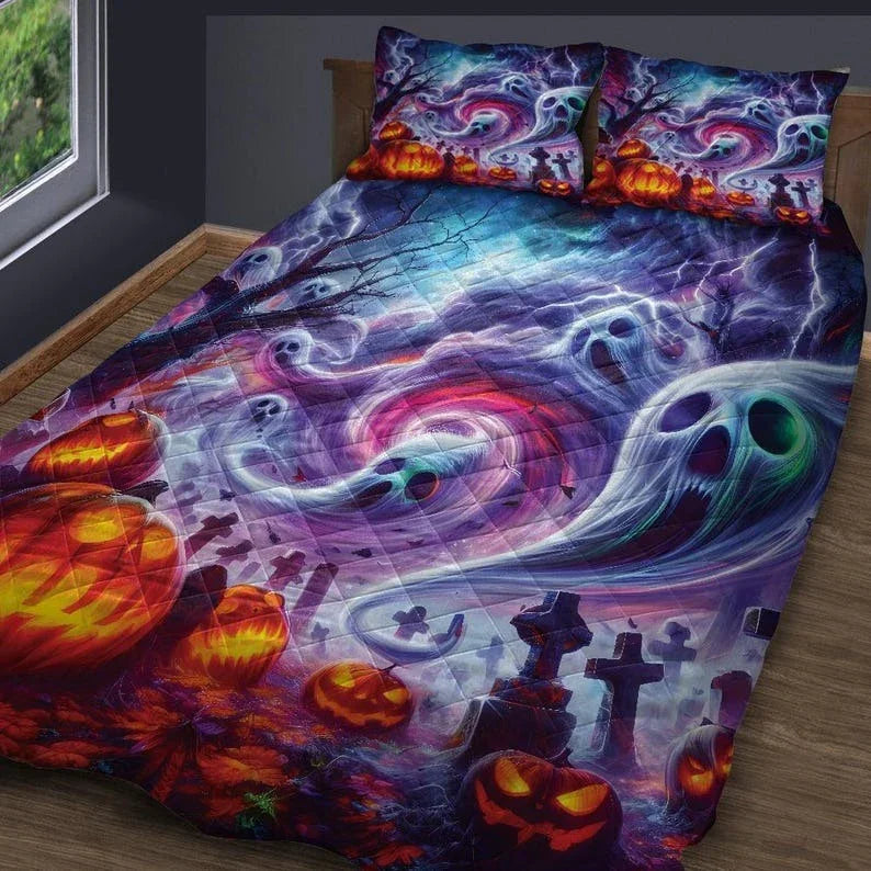 Personalized Pumpkin Ghost in Starry Night Halloween 3-Piece Quilt Bedding Set With Pillowcases