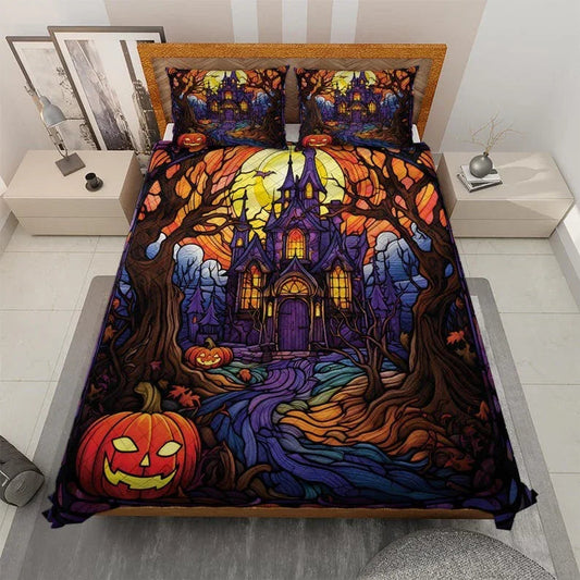 Personalized Retro Haunted House in Starry Night Halloween 3-Piece Quilt Bedding Set With Pillowcases