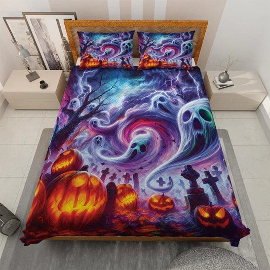 Personalized Pumpkin Ghost in Starry Night Halloween 3-Piece Quilt Bedding Set With Pillowcases