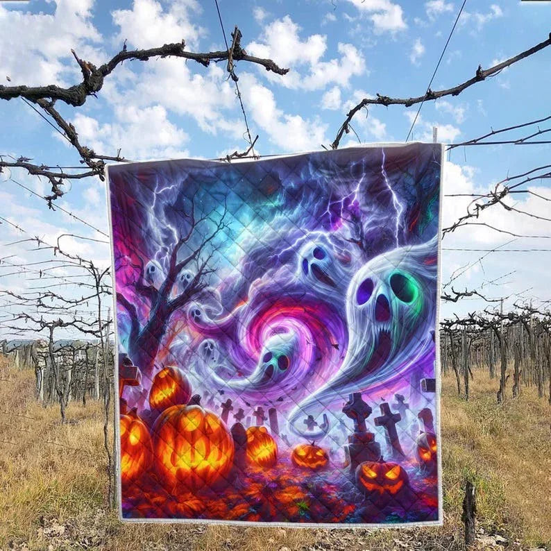 Personalized Pumpkin Ghost in Starry Night Halloween 3-Piece Quilt Bedding Set With Pillowcases