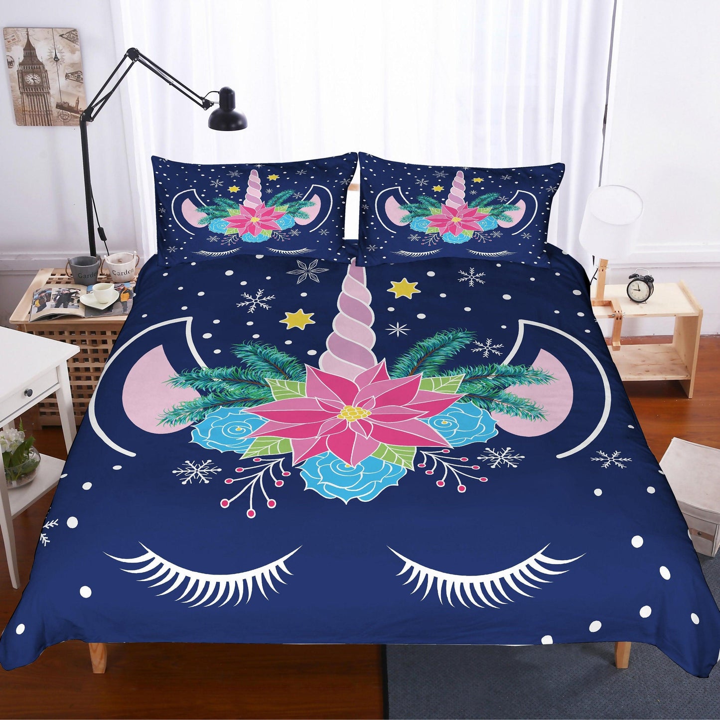 3D Cartoon  Blue Unicorn  Quilt Cover Set Bedding Set Pillowcases