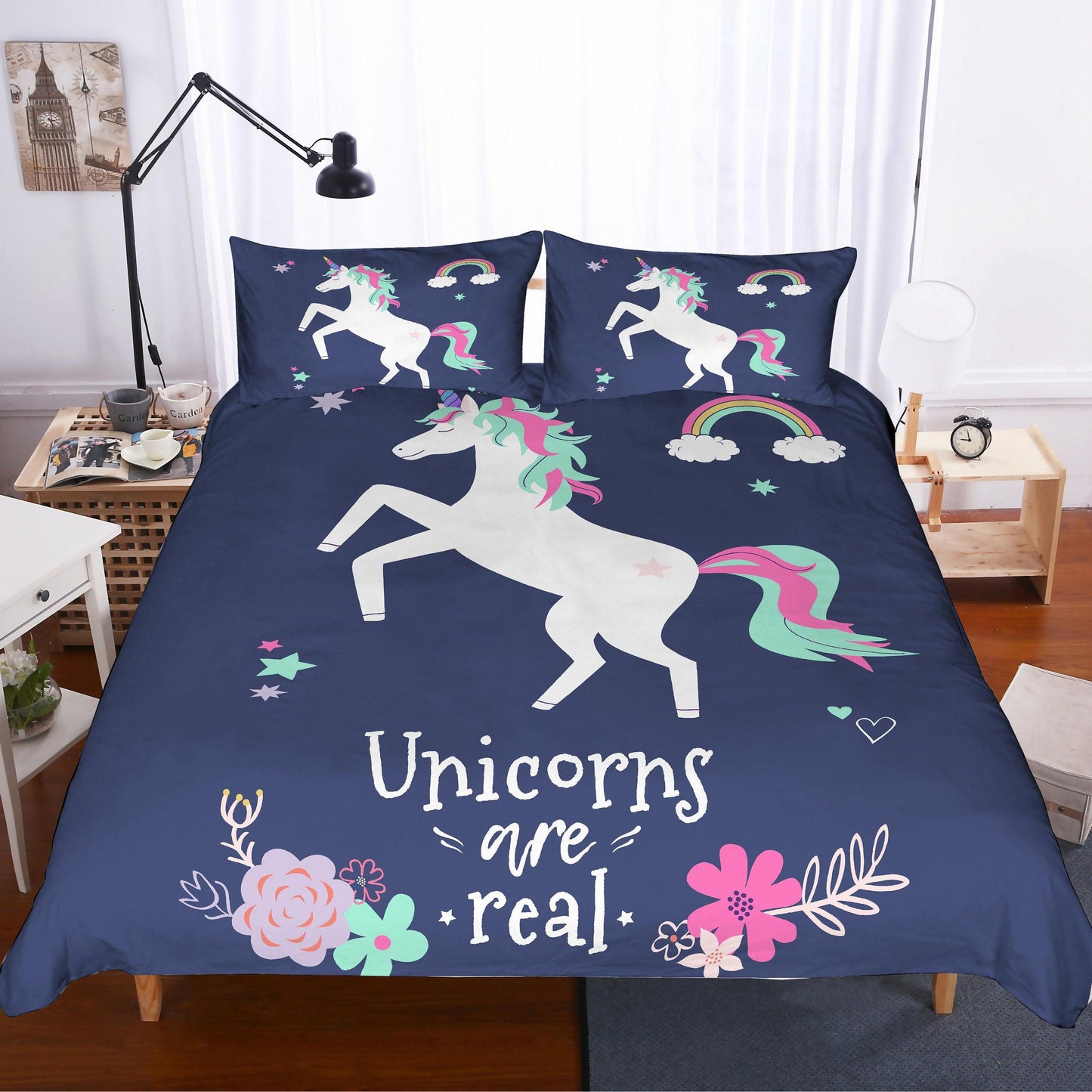 3D Cartoon  Blue  Unicorn Bedding Set Quilt Cover Quilt Duvet Cover Pillowcases Personalized  Bedding Queen  King  Full  Double 3 Pcs