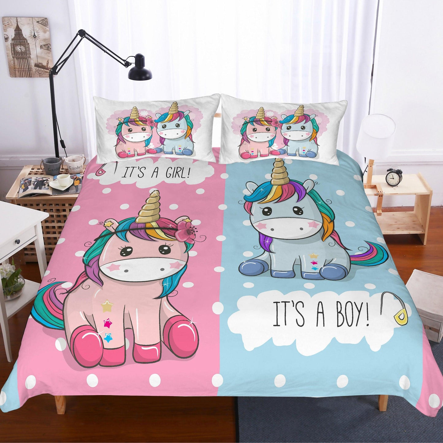 3D Cartoon Pink and blue Unicorn Bedding Set Quilt Cover Quilt Duvet Cover Pillowcases Personalized  Bedding Queen  King  Full  Double 3 Pcs