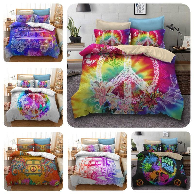 3D Black Colorful Love Peace  Quilt Cover Set Bedding Set Pillowcases