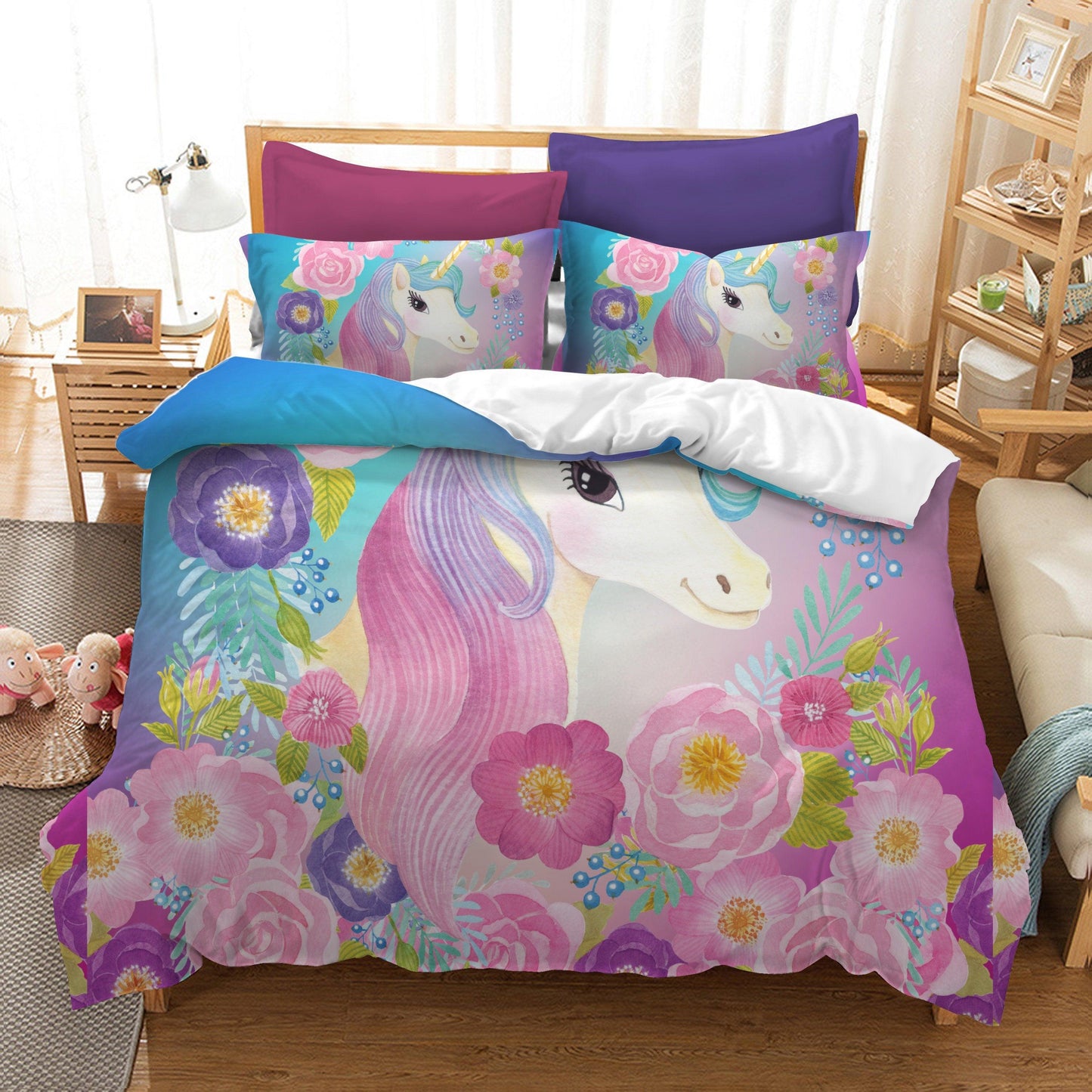 3D Cartoon Kids Flower Unicorn Bedding Set Quilt Cover Quilt Duvet Cover ,Pillowcases Personalized  Bedding,Queen, King ,Full, Double 3 Pcs