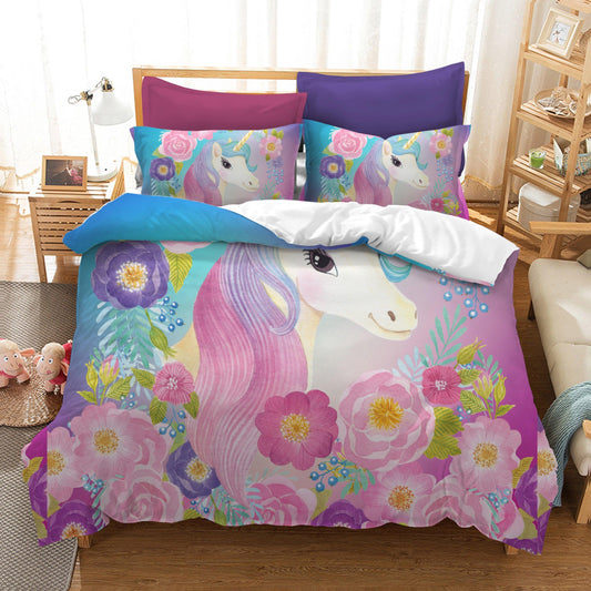 3D Cartoon Kids Flower Unicorn Bedding Set Quilt Cover Quilt Duvet Cover ,Pillowcases Personalized  Bedding,Queen, King ,Full, Double 3 Pcs