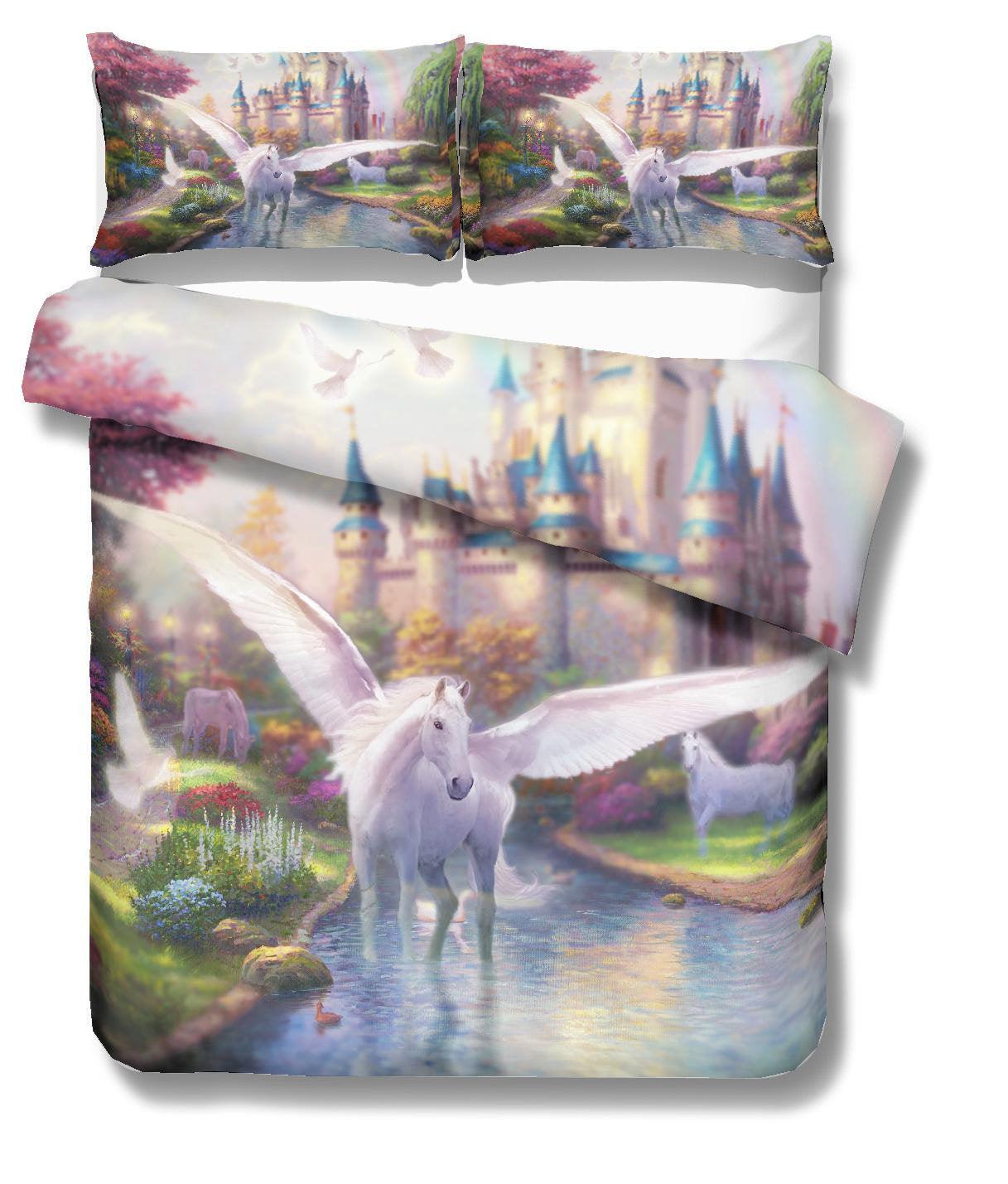 3D Cartoon Kids Castle Unicorn Bedding Set Quilt Cover Quilt Duvet Cover ,Pillowcases Personalized  Bedding,Queen, King ,Full, Double 3 Pcs
