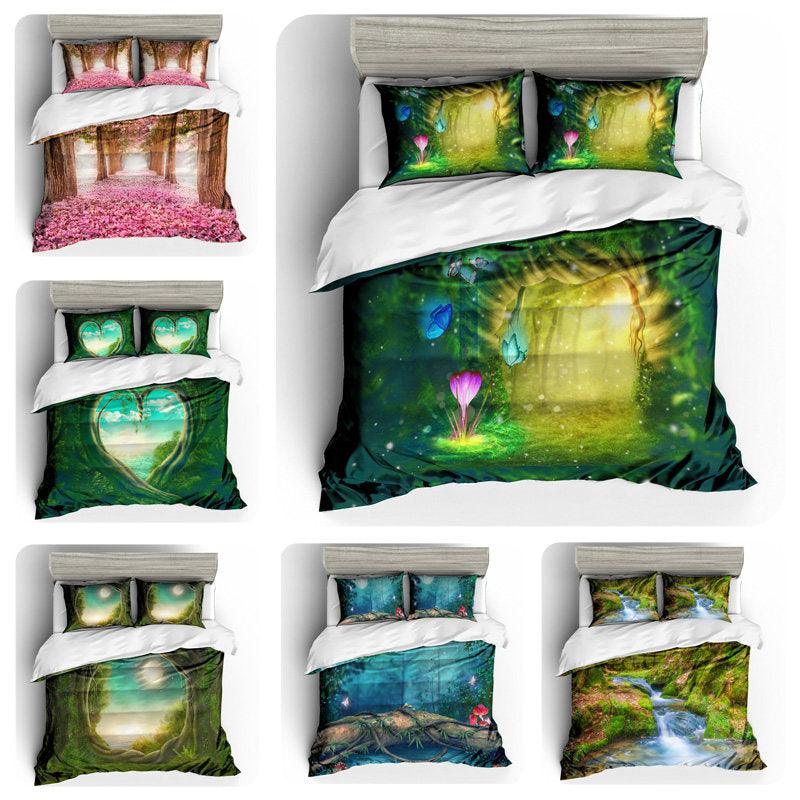 3D Blue Secret Forest Bedding Set Quilt Cover Quilt Duvet Cover ,Pillowcases Personalized  Bedding,Queen, King ,Full, Double 3 Pcs