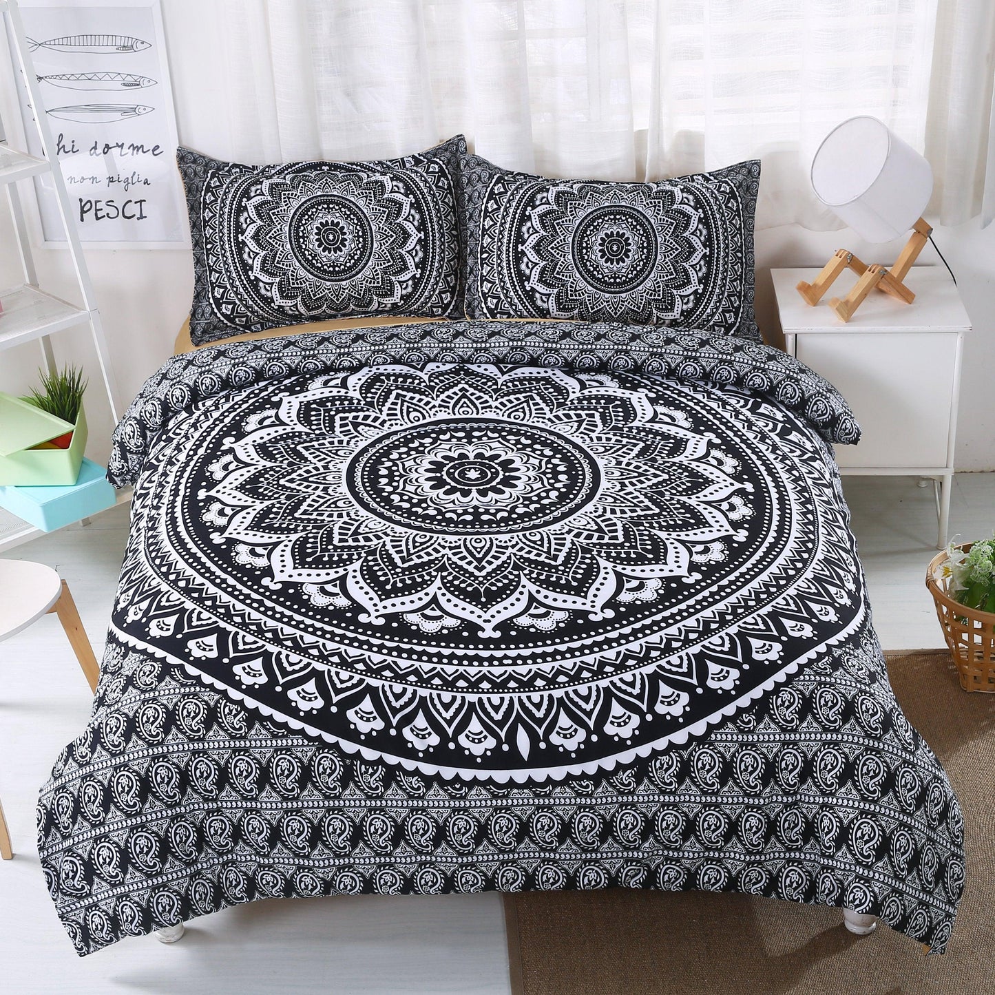 3D Bohemian Mandalas Black Flower Bedding Set Quilt Cover Quilt Duvet Cover ,Pillowcases Personalized Bedding,Queen,King ,Full, Double 3 Pcs