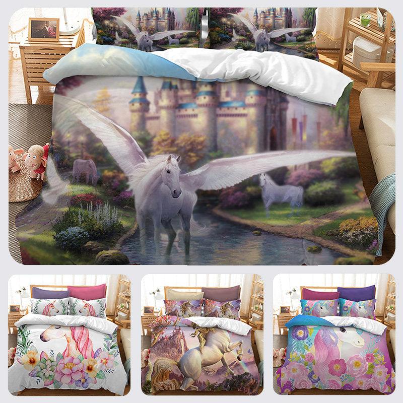 3D Cartoon Kids Flower Unicorn Bedding Set Quilt Cover Quilt Duvet Cover ,Pillowcases Personalized  Bedding,Queen, King ,Full, Double 3 Pcs