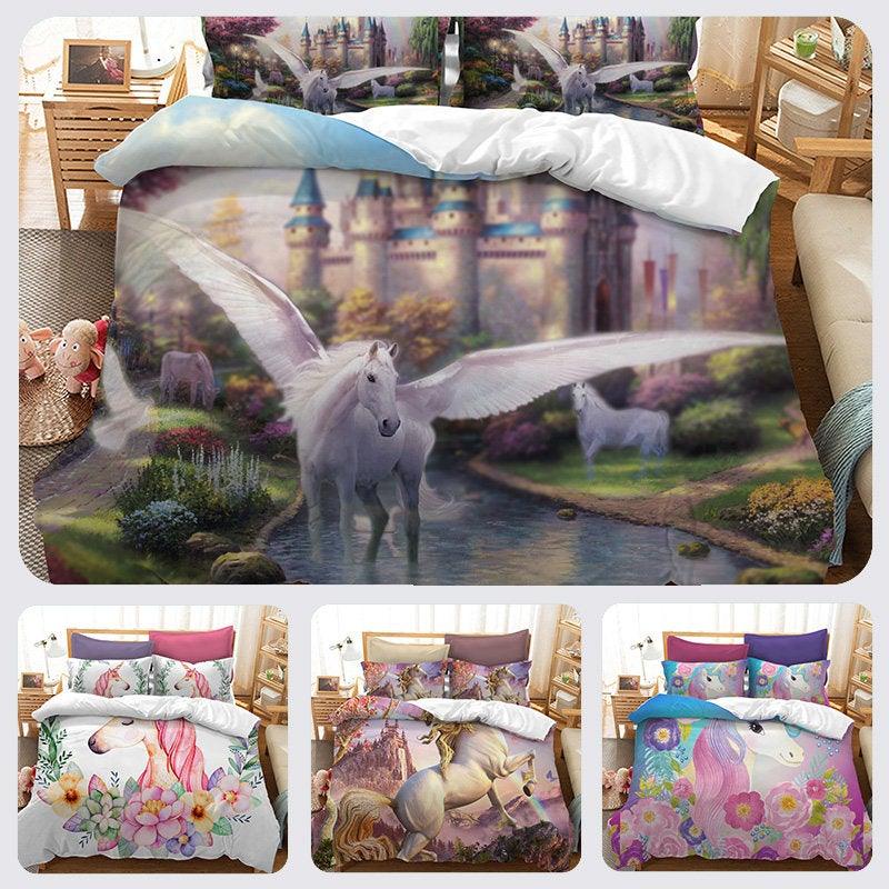 3D Cartoon Kids Castle Unicorn Bedding Set Quilt Cover Quilt Duvet Cover ,Pillowcases Personalized  Bedding,Queen, King ,Full, Double 3 Pcs