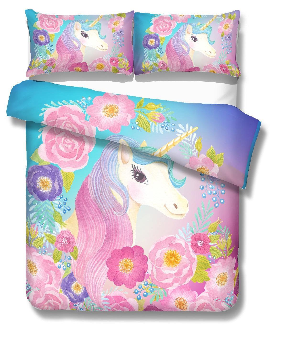 3D Cartoon Kids Flower Unicorn Bedding Set Quilt Cover Quilt Duvet Cover ,Pillowcases Personalized  Bedding,Queen, King ,Full, Double 3 Pcs