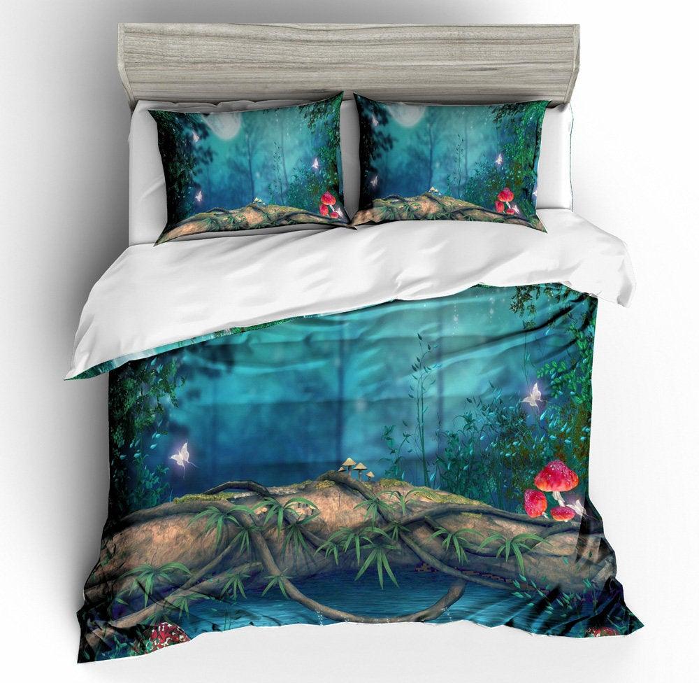 3D Blue Secret Forest Bedding Set Quilt Cover Quilt Duvet Cover ,Pillowcases Personalized  Bedding,Queen, King ,Full, Double 3 Pcs