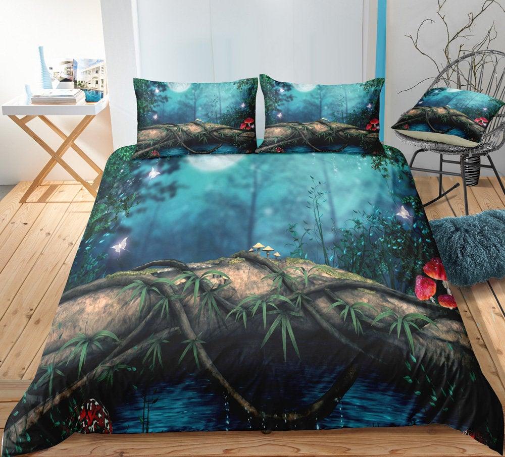 3D Blue Secret Forest Bedding Set Quilt Cover Quilt Duvet Cover ,Pillowcases Personalized  Bedding,Queen, King ,Full, Double 3 Pcs