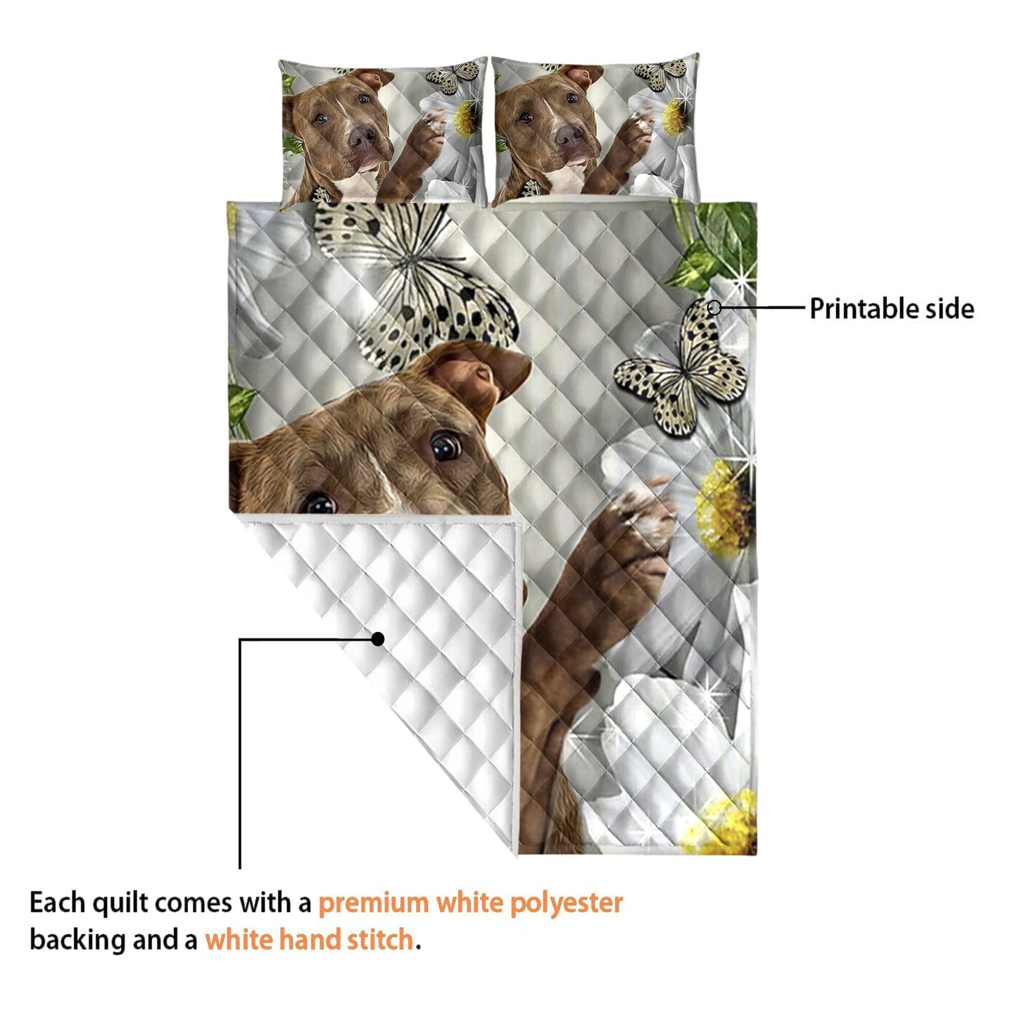 Pitbull Quilt Set, Pitbull and Flower Quilt Blanket & Pillowcases, Pitbull Butterfly Quilt Bedding Set, Gift for Dog Lover, Dog Mom, Dog Dad