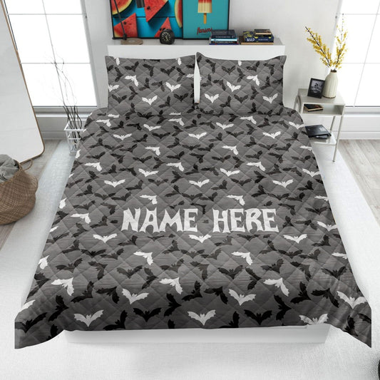 Personalized Bat Quilt Set, Bat Quilt Blanket & Pillowcase, Custom Name Quilt Bedding Set, Bat Bedspread, Gothic Gift, Halloween Gifts