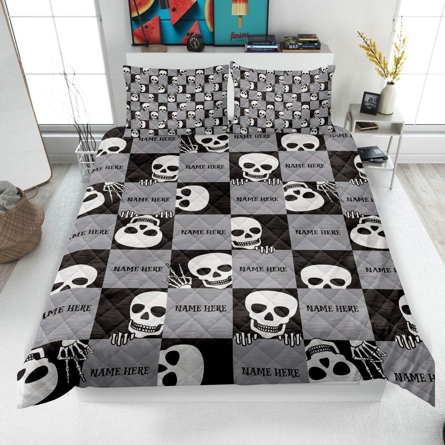 Personalized Skeleton Quilt Set, Funny Skeleton Quilt Blanket & Pillowcase, Custom Name Quilt Bedding Set, Bedspread, Halloween Gothic Gift