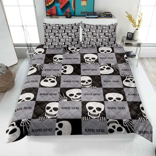 Personalized Skeleton Quilt Set, Funny Skeleton Quilt Blanket & Pillowcase, Custom Name Quilt Bedding Set, Bedspread, Halloween Gothic Gift