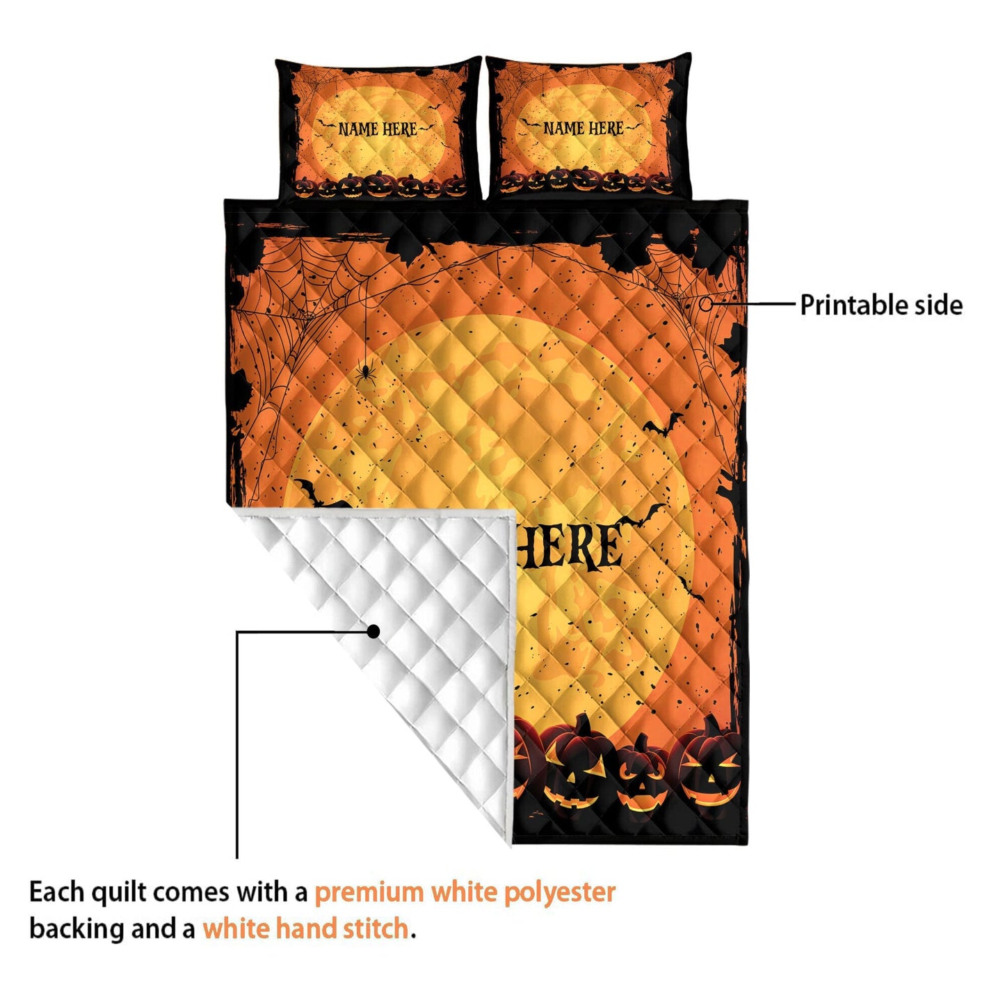 Personalized Pumpkin Quilt Set, Halloween Night Quilt Blanket & Pillowcase, Custom Name Quilt Bedding Set, Halloween Gift, Gothic Gifts