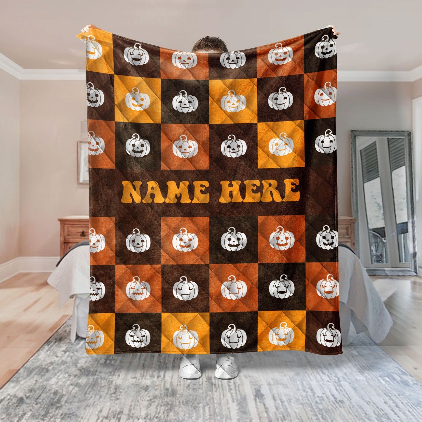 Personalized Pumpkin Quilt Set, Halloween Pumpkin Quilt Blanket & Pillowcase, Custom Name Quilt Bedding Set, Halloween Gift, Gothic Gifts