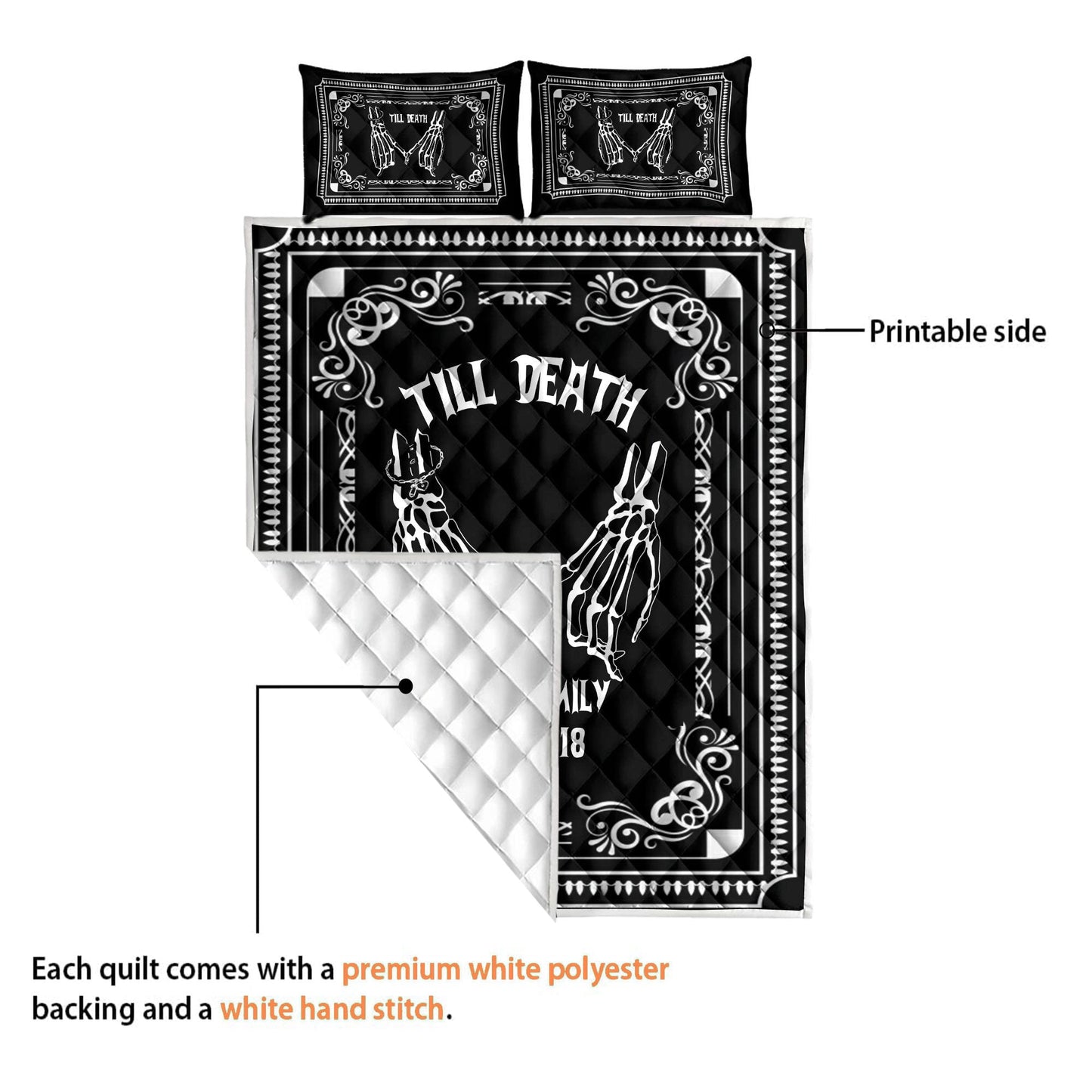 Personalized Skeleton Couple Quilt Set, Halloween Wedding Quilt Blanket & Pillowcase, Custom Name Quilt Bedding Set, Halloween Gothic Gift