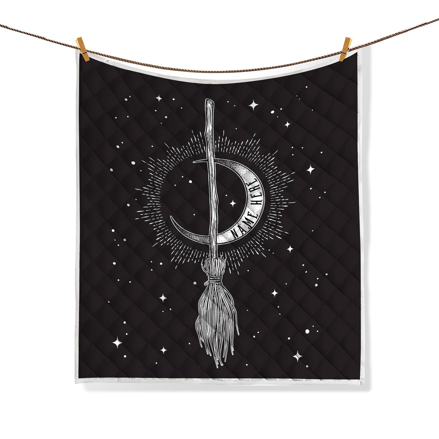 Personalized Witch Quilt Set, Witch Broom Stick and Moon Quilt Blanket & Pillowcases, Custom Name Quilt Bedding Set, Halloween Gift for Her