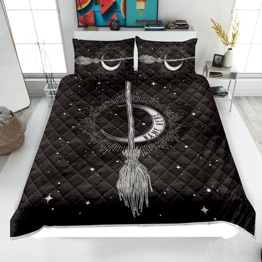 Personalized Witch Quilt Set, Witch Broom Stick and Moon Quilt Blanket & Pillowcases, Custom Name Quilt Bedding Set, Halloween Gift for Her